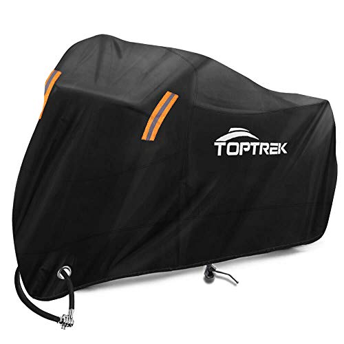 TOPTREK Motorrad Abdeckplane Outdoor Winterfest Wasserdicht Motorradgarage 210T Oxford Stoff – XXL Motorradabdeckung für Harley-Davidson, Honda, Suzuki, Kawasaki (245 * 105 * 125 cm)